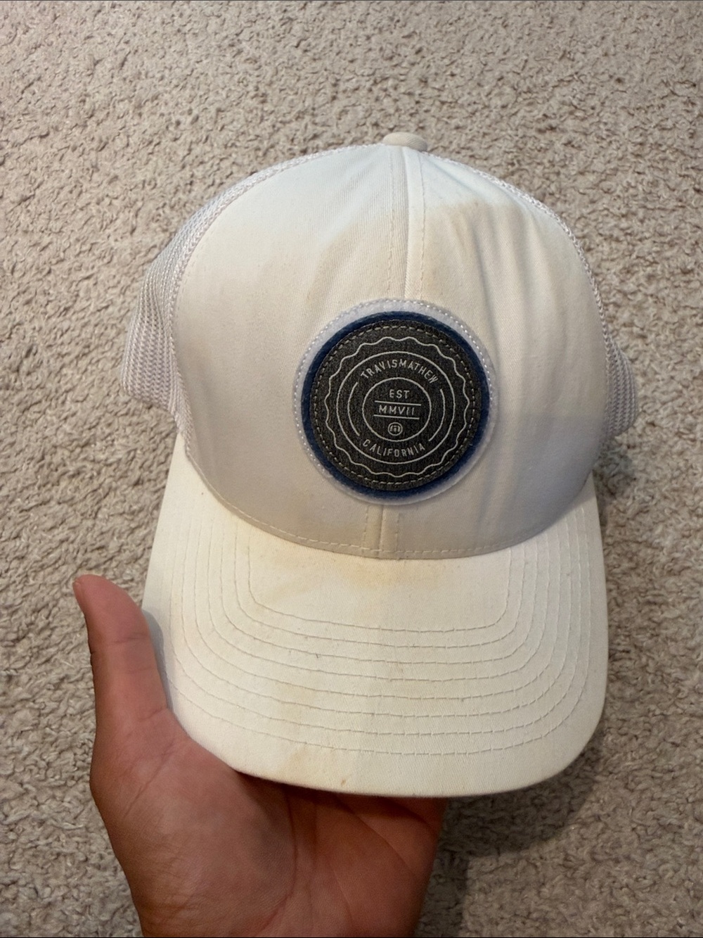 Travis Mathew White Mesh Trucker Cap with Dark Patch